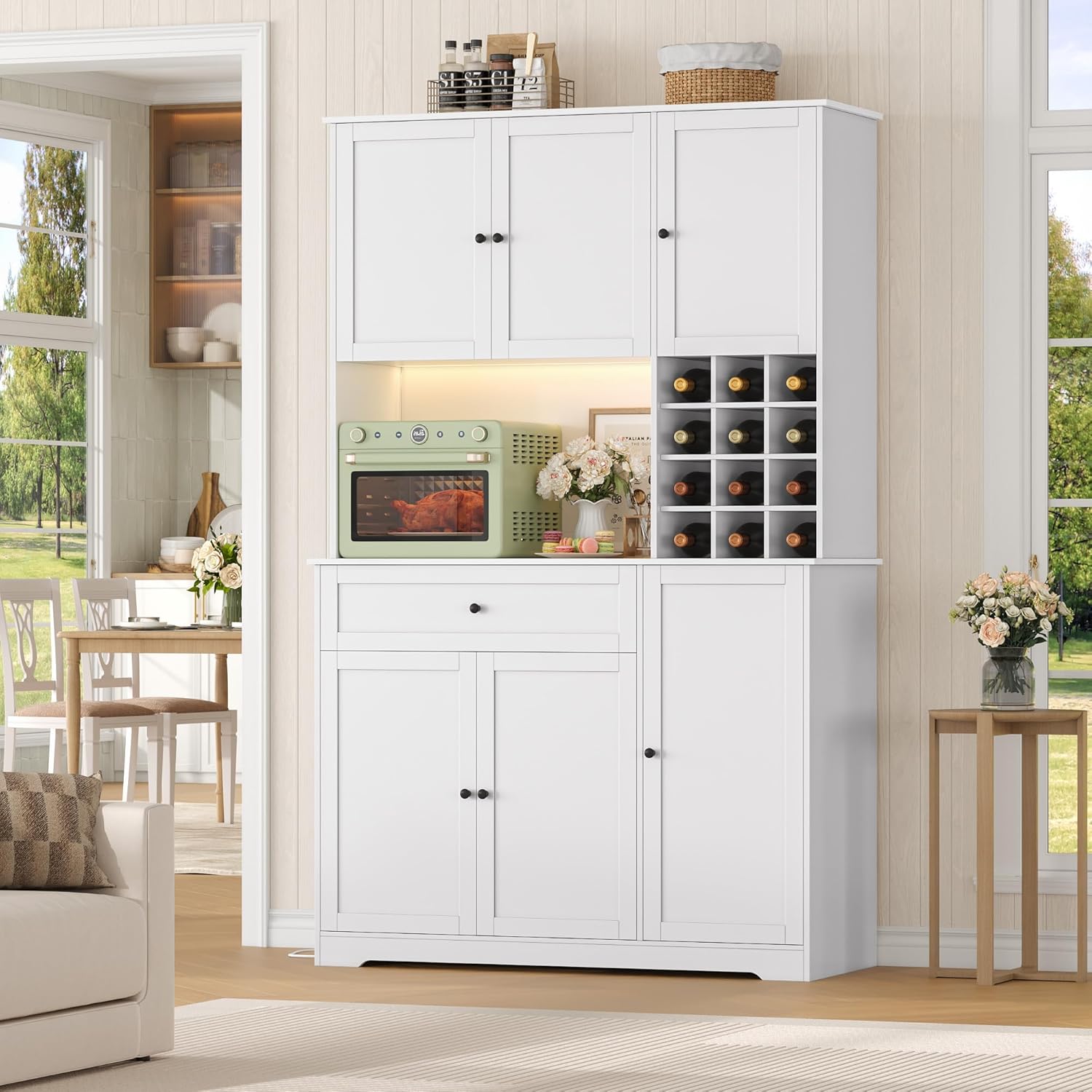 FirFurd Küchenschrank 180cm Buffetschrank mit LED Sideboard für Küche mit Steckdosenleiste Küchenschrank mit Arbeitsplatte & Weinregal für 12 Flaschen Küchenbuffet Küchenmöbel 180x100x39cm weiß