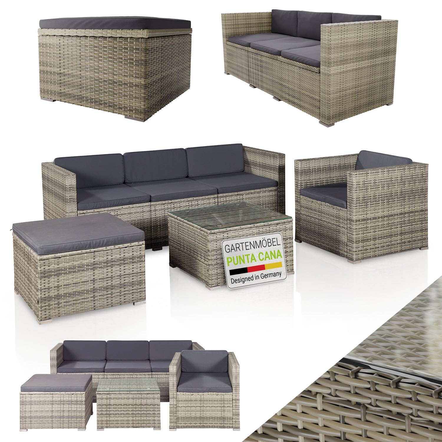 Juskys Polyrattan Lounge Punta Cana L für 4-5 Personen mit 3er Sofa, Sessel, Hocker, Tisch & Kissen, Sitzgruppe für Garten, Terrasse und Balkon, Gartenmöbel Set wetterfest - Schwarz/Grau