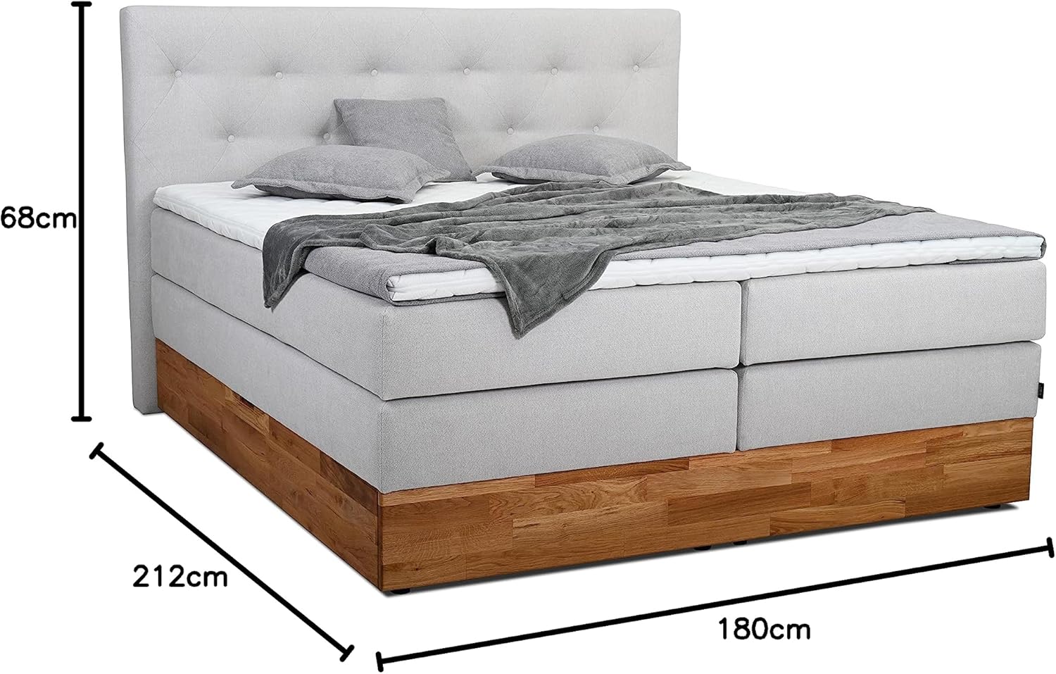 Belanoti MARBO Boxspringbett 180x200 mit Bettkasten 7-Zonen Taschenfederkern Matratze inklusive Visco Topper Bett 180x200 Eiche in der Farbe Weissgrau H2/H3 Polsterbett mit Massivholz Eiche