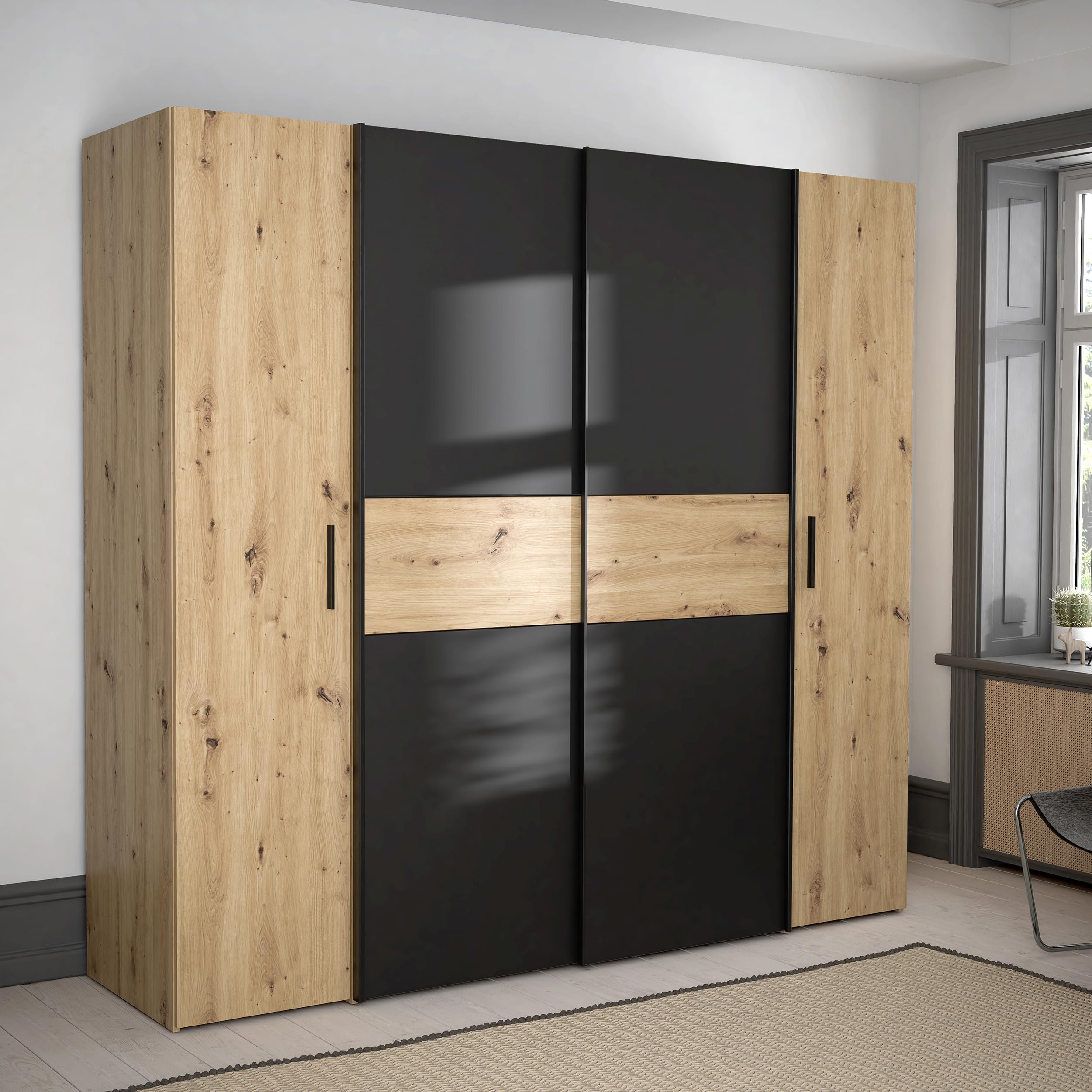 Forte KALIXTUS schwarzer Kleiderschrank 200, moderner Schwebetürenschrank, 4-türig, Holzwerkstoff, Schwarz Matt, 200,1 cm breit x 190,5 cm hoch, 61,2 cm tief