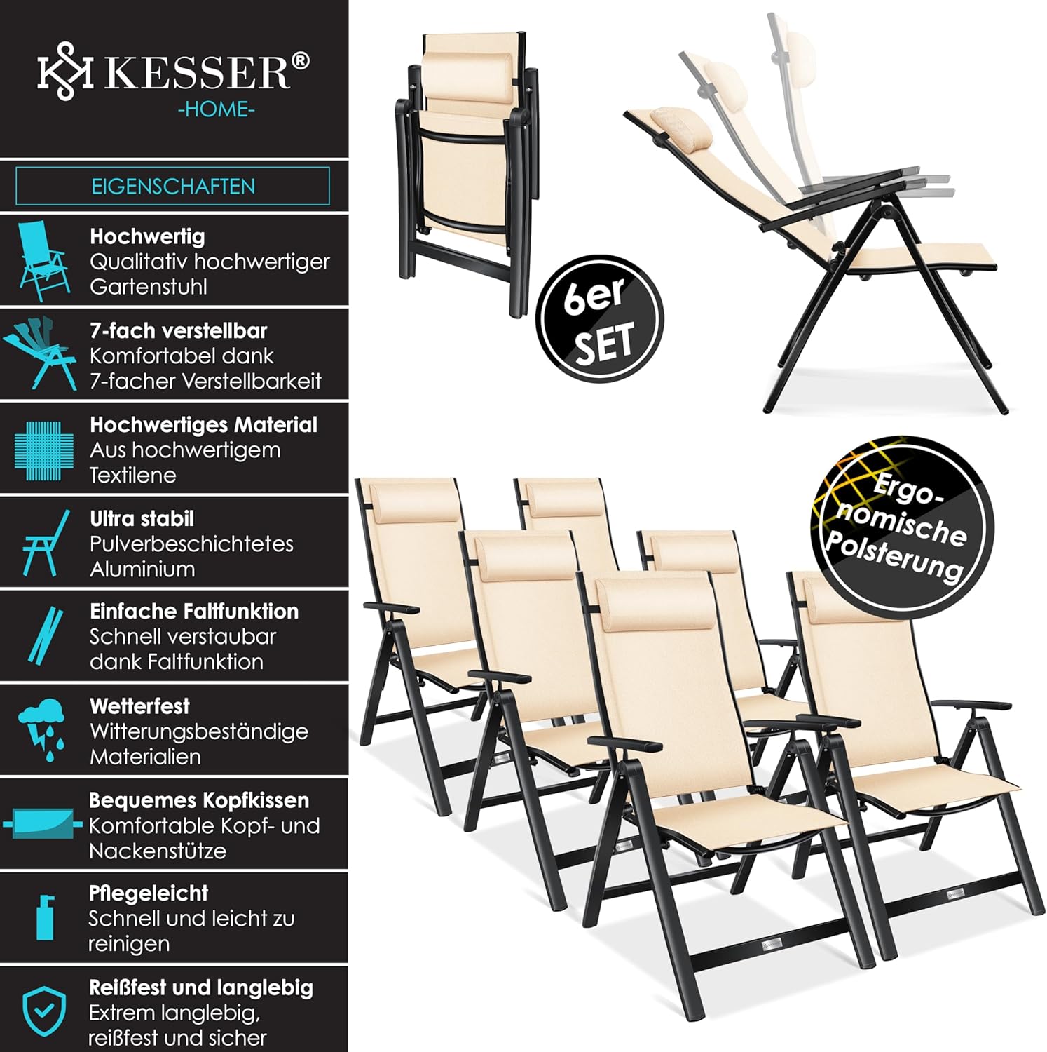 KESSER® Gartenstuhl Hochlehner mit Armlehnen 6er Set Aluminium Klappstuhl mit Kopfkissen & Abdeckung Campingstuhl 7-Fach Verstellbar Rückenlehne Atmungsaktiv Wetterfest Klappbar Anti-Rutsch, Beige