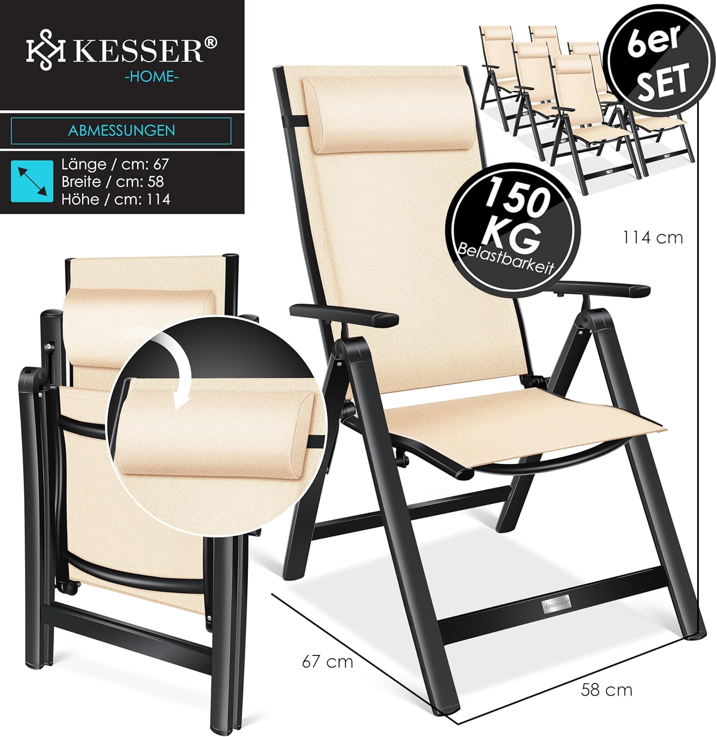 KESSER® Gartenstuhl Hochlehner mit Armlehnen 6er Set Aluminium Klappstuhl mit Kopfkissen & Abdeckung Campingstuhl 7-Fach Verstellbar Rückenlehne Atmungsaktiv Wetterfest Klappbar Anti-Rutsch, Beige