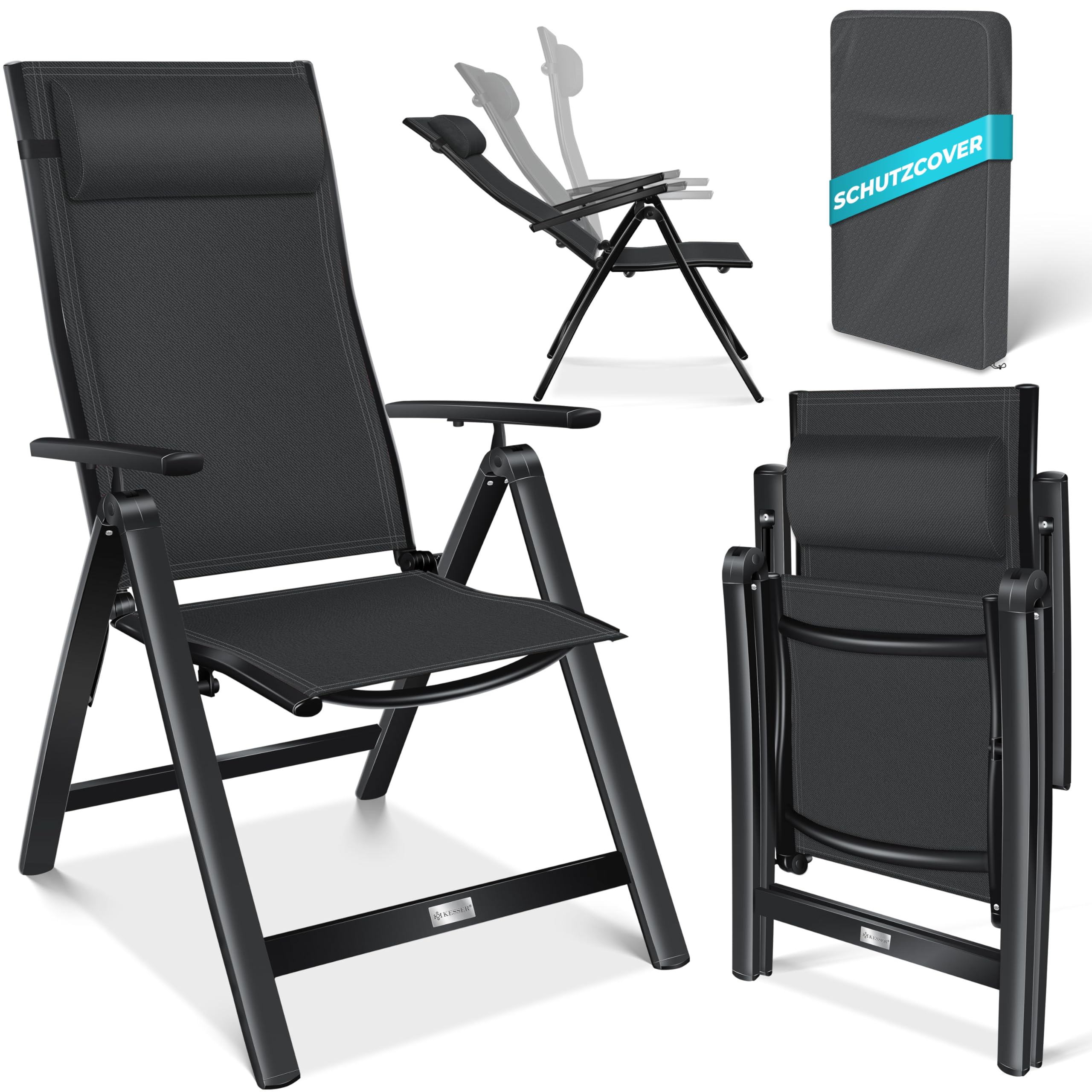 KESSER® Gartenstuhl Hochlehner mit Armlehnen 6er Set Aluminium Klappstuhl mit Kopfkissen & Abdeckung Campingstuhl 7-Fach Verstellbar Rückenlehne Atmungsaktiv Wetterfest Klappbar Anti-Rutsch, Beige