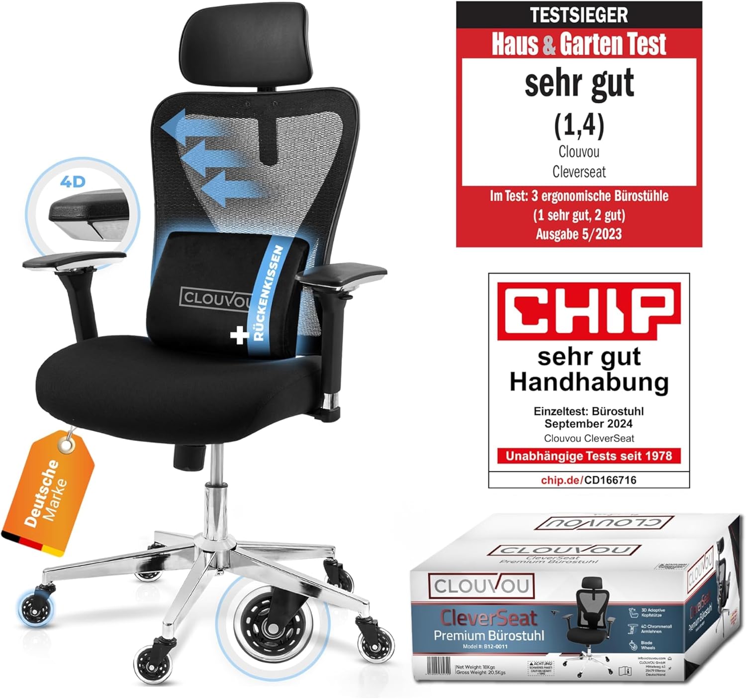 CleverSeat Bürostuhl Ergonomisch [TESTSIEGER] Schreibtischstuhl 100% individuell einstellbar | Büro Stuhl & Gaming Stuhl | Computerstuhl Home Office Chair Ergonomic | Drehstuhl 150 kg