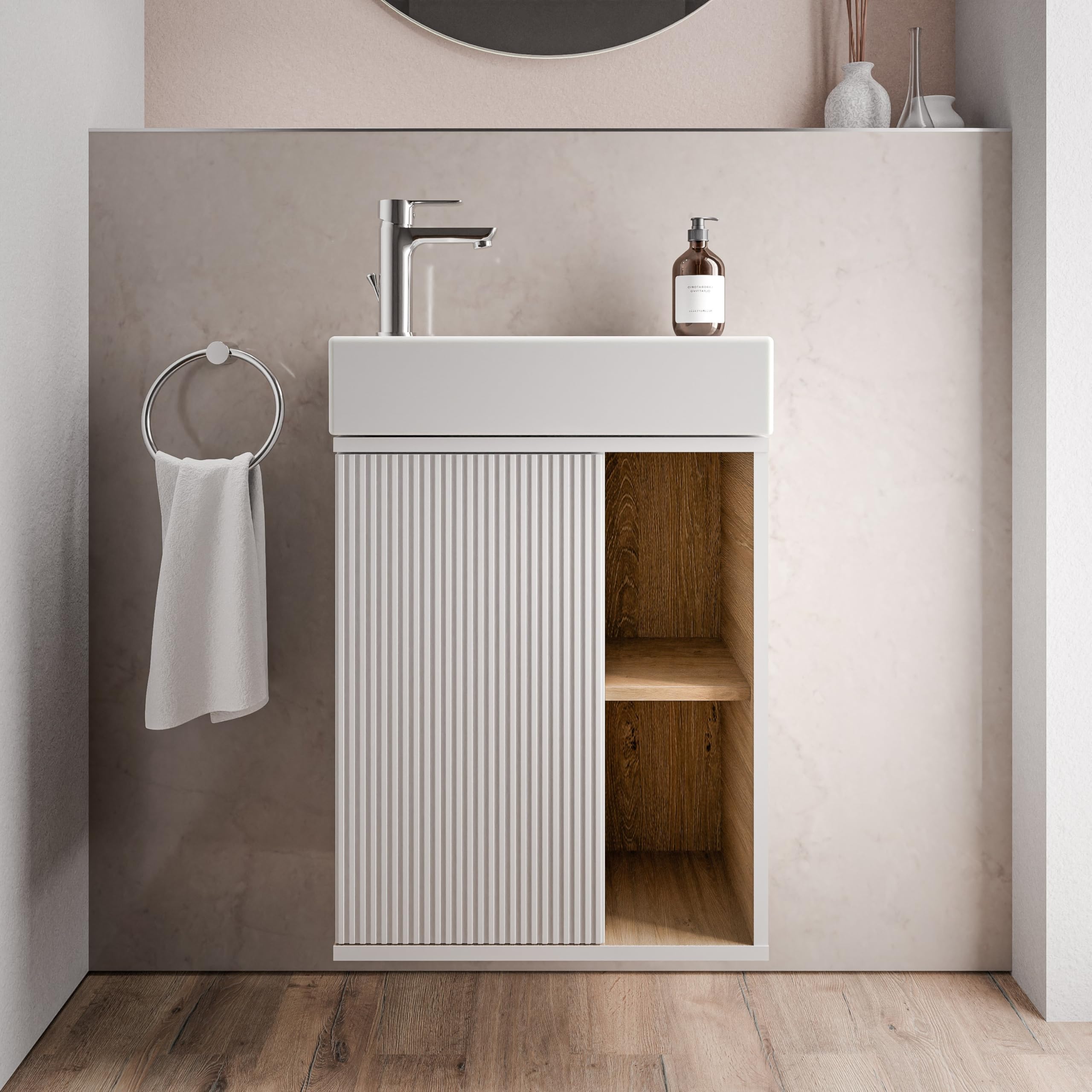 BERNSTEIN Beldivo Small Bathroom Furniture Set Matte Silk Grey 50 x 24.3 x 60 cm Vanity Unit with Duravit Ceramic Basin, Door Hinge Left, Push-to-Open Pre-Assembled