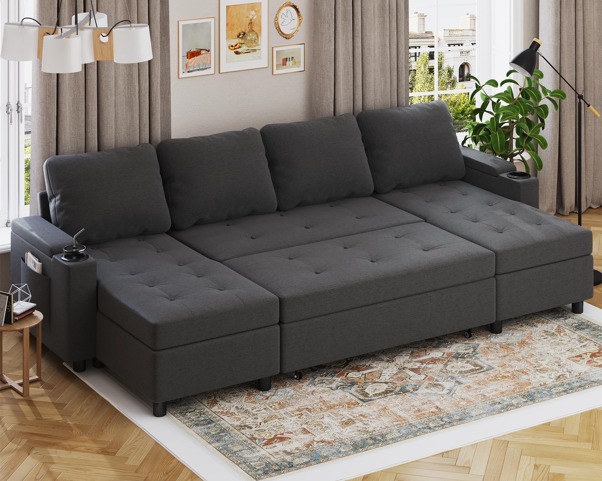 Devoko Ecksofa mit Schlaffunktion und Bettkasten L-Form Sofa 3-Sitzer Ausziehbares Schlafsofa Velours Couch Kleines Schlafcouch für Wohnung und Wohnzimmer, Beige