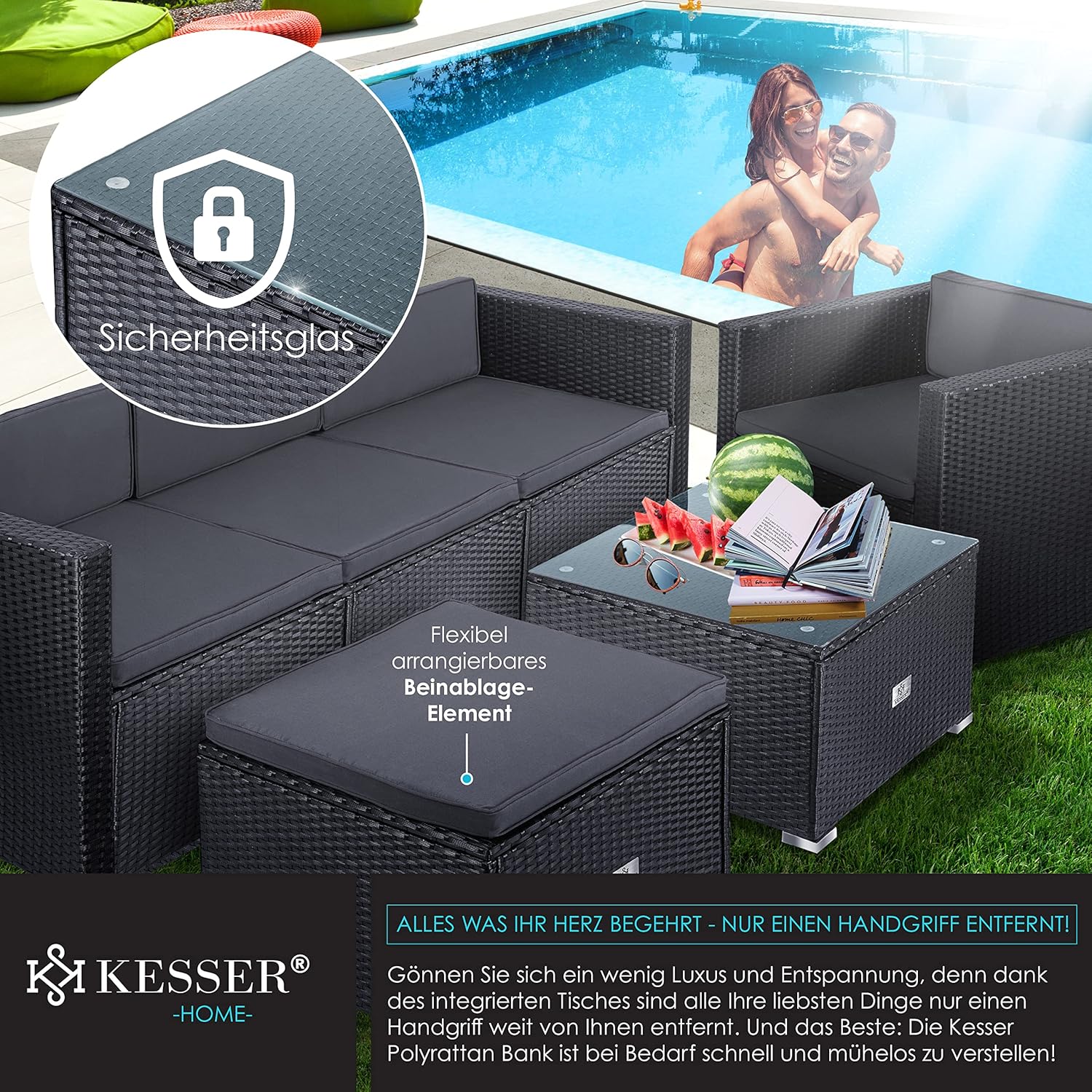 KESSER® Polyrattan Lounge Aruba - Gartenlounge für 4-5 Personen Gartenmöbel-Set Sitzgruppe aus 3er Gartensofa, Sessel, Hocker Beistelltisch mit Sitzkissen für Garten, Terrasse und Balkon, Anthrazit
