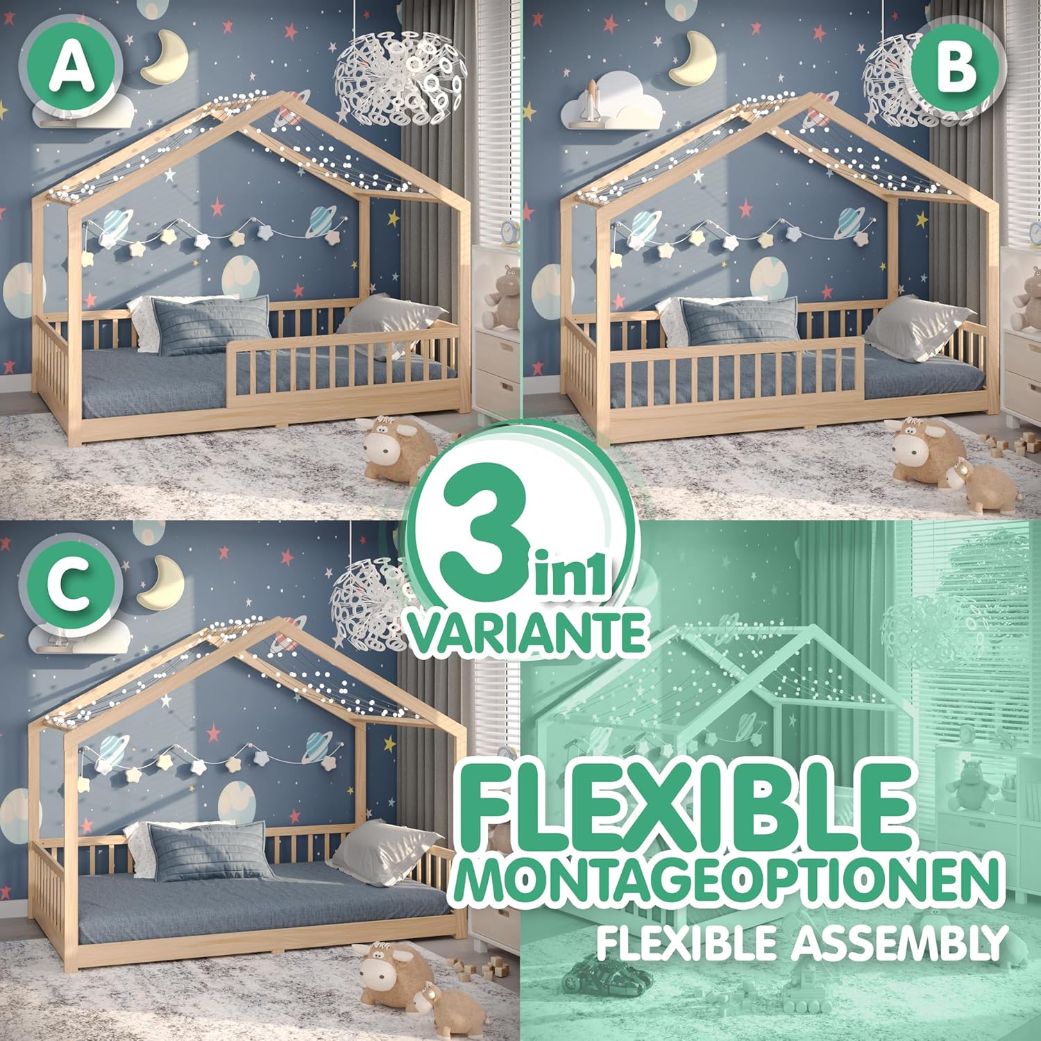 CADANI Malte Kinderbett 120x200 cm – Hausbett mit abnehmbarem Rausfallschutz, bis 200 kg belastbar, Roll-Lattenrost, Montessori Bodenbett aus Massivholz Kiefer, Natur