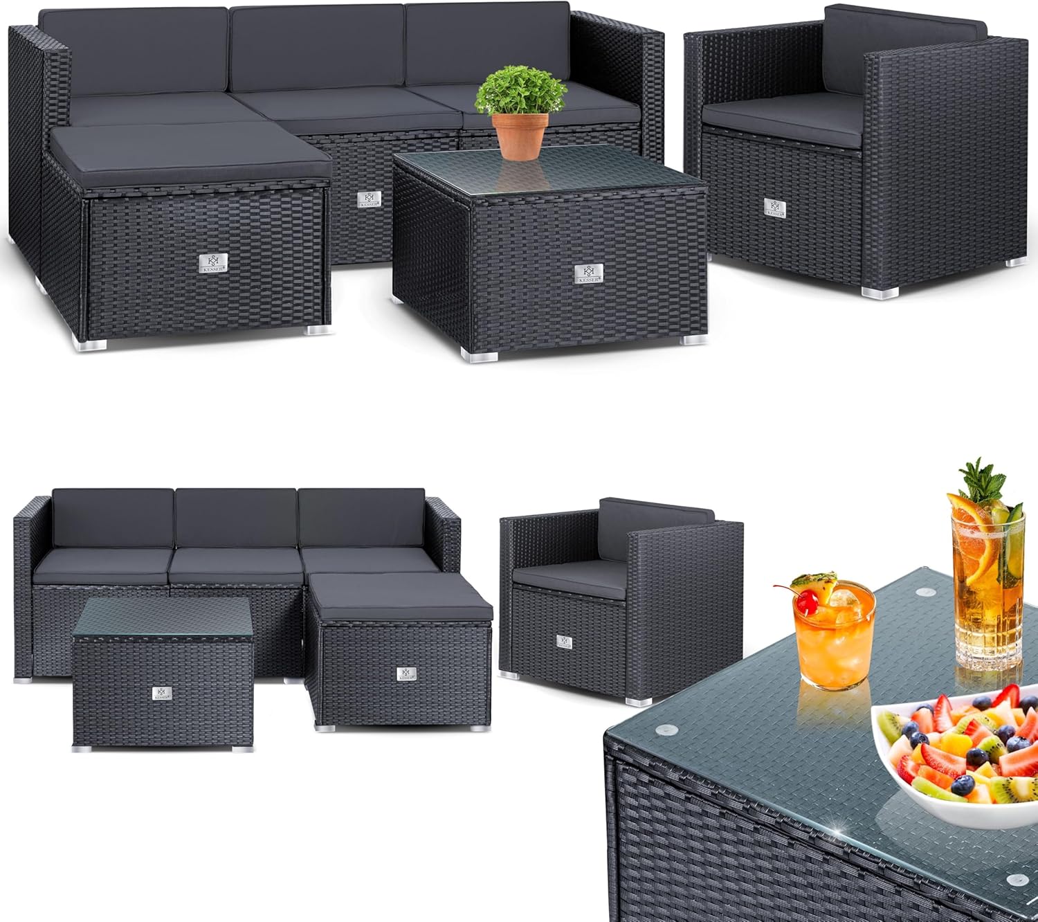 KESSER® Polyrattan Lounge Aruba - Gartenlounge für 4-5 Personen Gartenmöbel-Set Sitzgruppe aus 3er Gartensofa, Sessel, Hocker Beistelltisch mit Sitzkissen für Garten, Terrasse und Balkon, Anthrazit