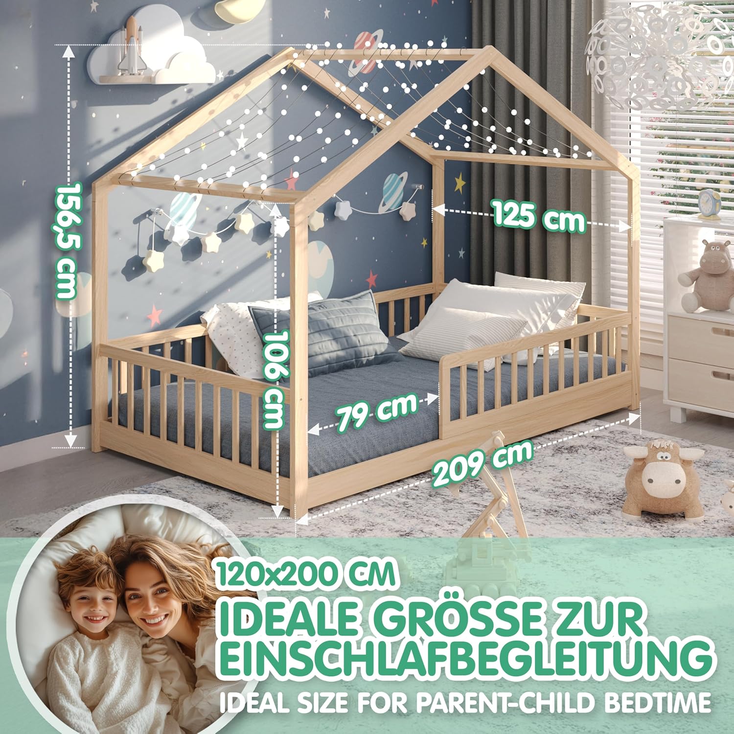 CADANI Malte Kinderbett 120x200 cm – Hausbett mit abnehmbarem Rausfallschutz, bis 200 kg belastbar, Roll-Lattenrost, Montessori Bodenbett aus Massivholz Kiefer, Natur