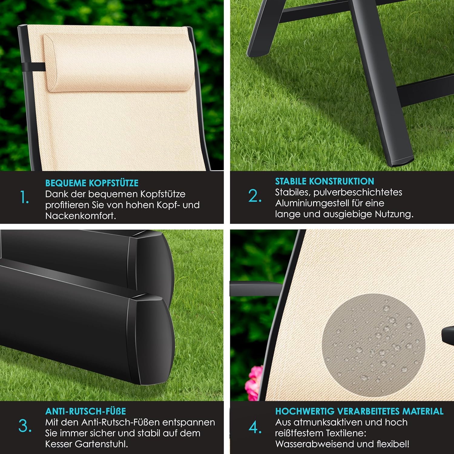 KESSER® Gartenstuhl Hochlehner mit Armlehnen 6er Set Aluminium Klappstuhl mit Kopfkissen & Abdeckung Campingstuhl 7-Fach Verstellbar Rückenlehne Atmungsaktiv Wetterfest Klappbar Anti-Rutsch, Beige