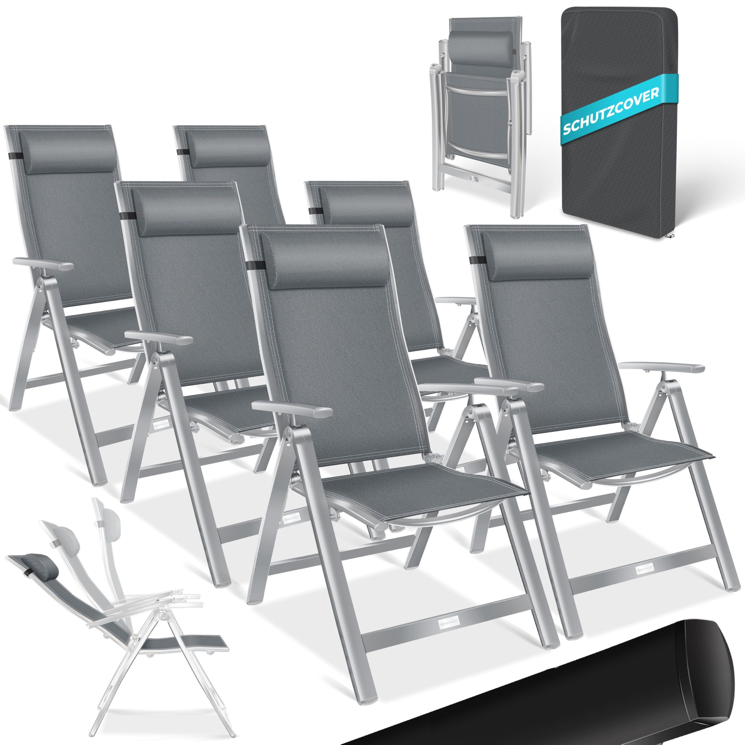 KESSER® Gartenstuhl Hochlehner mit Armlehnen 6er Set Aluminium Klappstuhl mit Kopfkissen & Abdeckung Campingstuhl 7-Fach Verstellbar Rückenlehne Atmungsaktiv Wetterfest Klappbar Anti-Rutsch, Beige