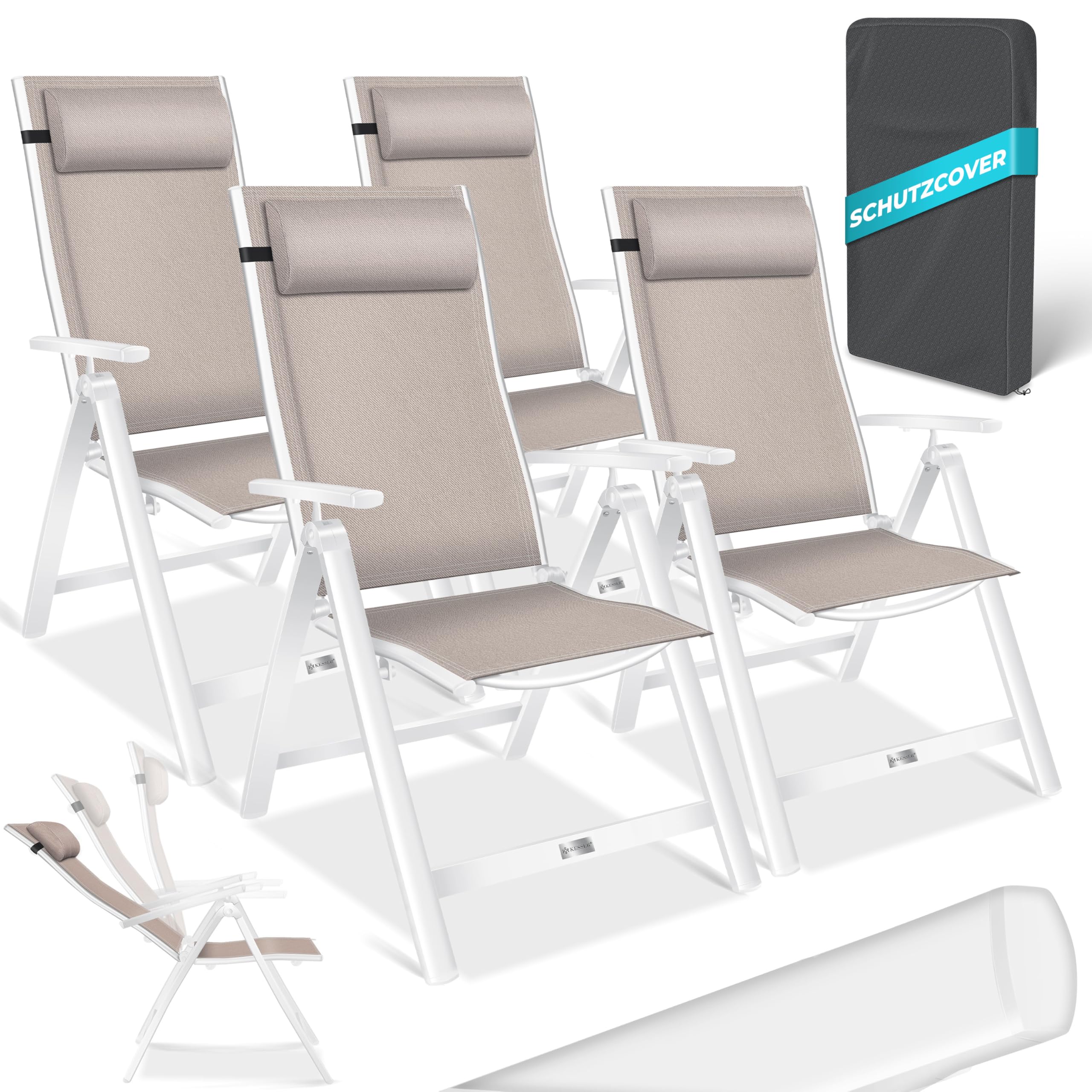 KESSER® Gartenstuhl Hochlehner mit Armlehnen 6er Set Aluminium Klappstuhl mit Kopfkissen & Abdeckung Campingstuhl 7-Fach Verstellbar Rückenlehne Atmungsaktiv Wetterfest Klappbar Anti-Rutsch, Beige