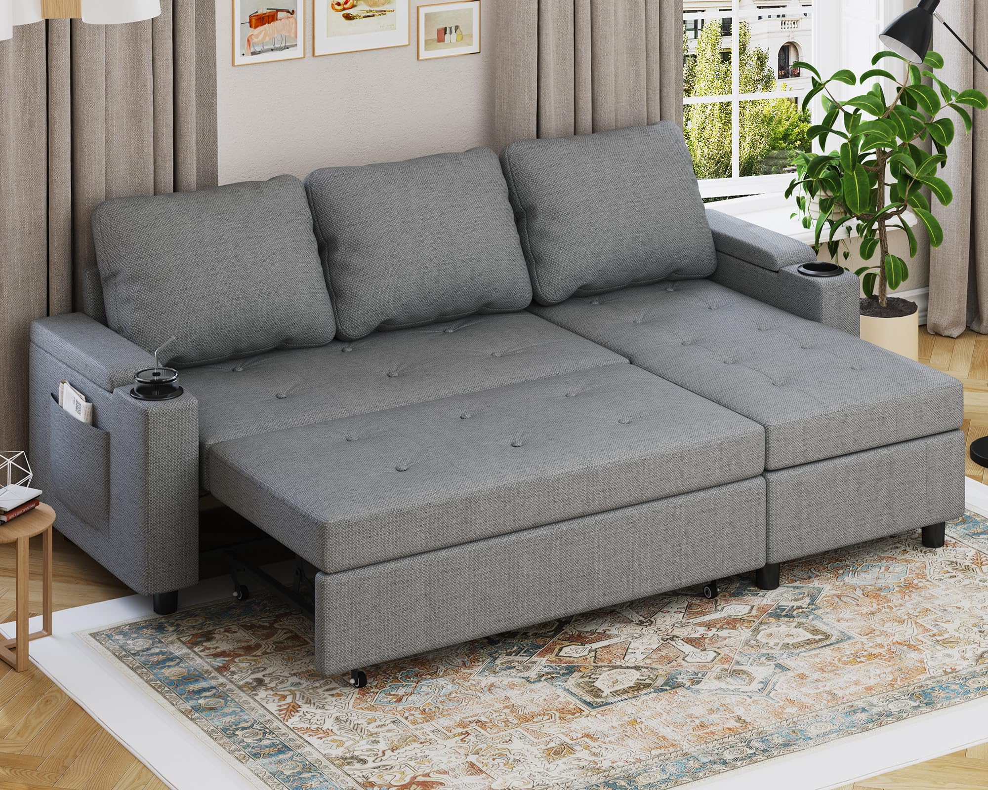 Devoko Ecksofa mit Schlaffunktion und Bettkasten L-Form Sofa 3-Sitzer Ausziehbares Schlafsofa Velours Couch Kleines Schlafcouch für Wohnung und Wohnzimmer, Beige