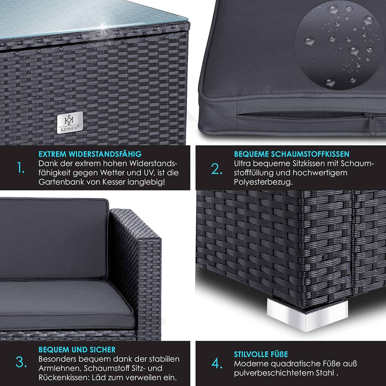 KESSER® Polyrattan Lounge Aruba - Gartenlounge für 4-5 Personen Gartenmöbel-Set Sitzgruppe aus 3er Gartensofa, Sessel, Hocker Beistelltisch mit Sitzkissen für Garten, Terrasse und Balkon, Anthrazit