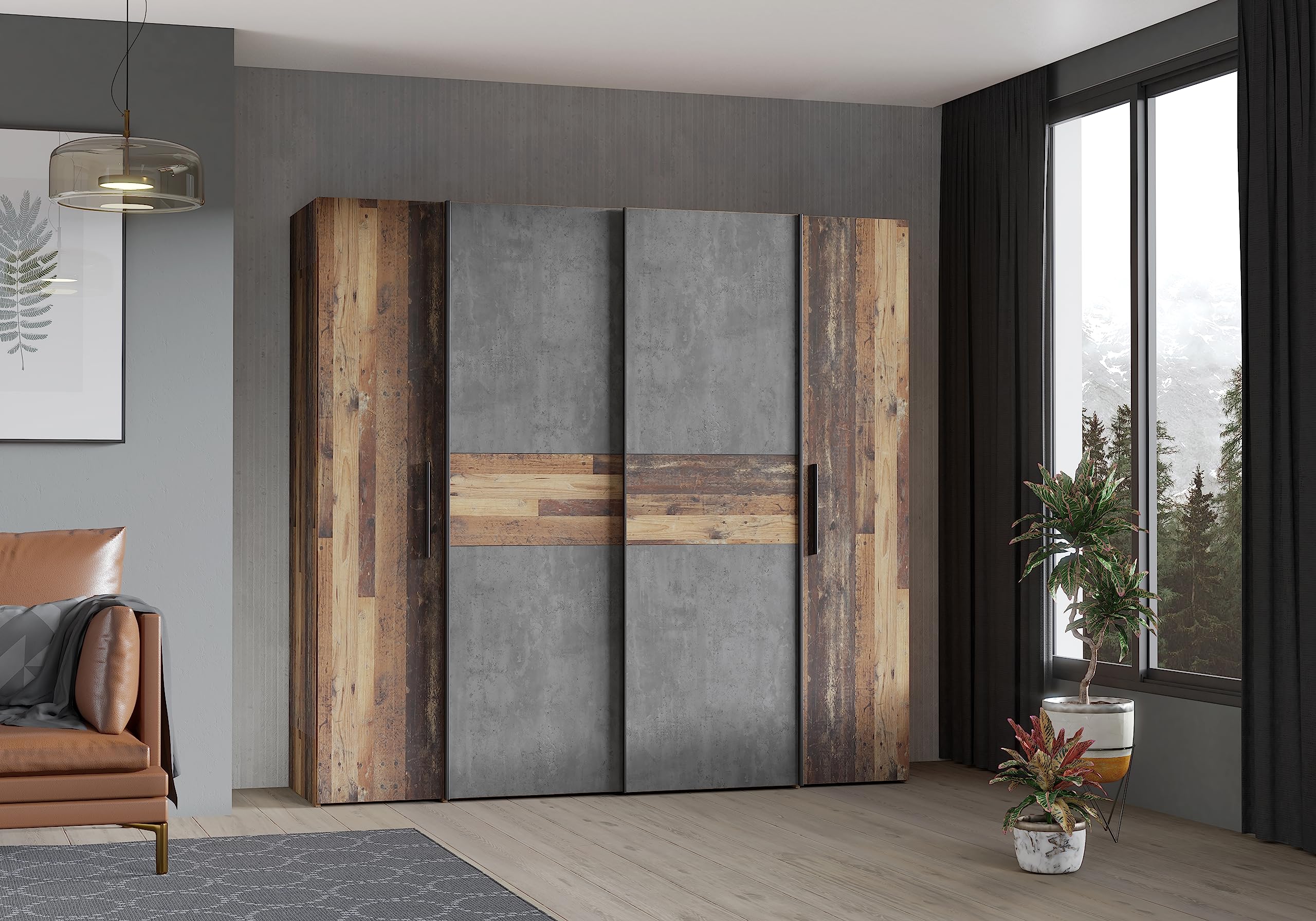 Forte KALIXTUS schwarzer Kleiderschrank 200, moderner Schwebetürenschrank, 4-türig, Holzwerkstoff, Schwarz Matt, 200,1 cm breit x 190,5 cm hoch, 61,2 cm tief