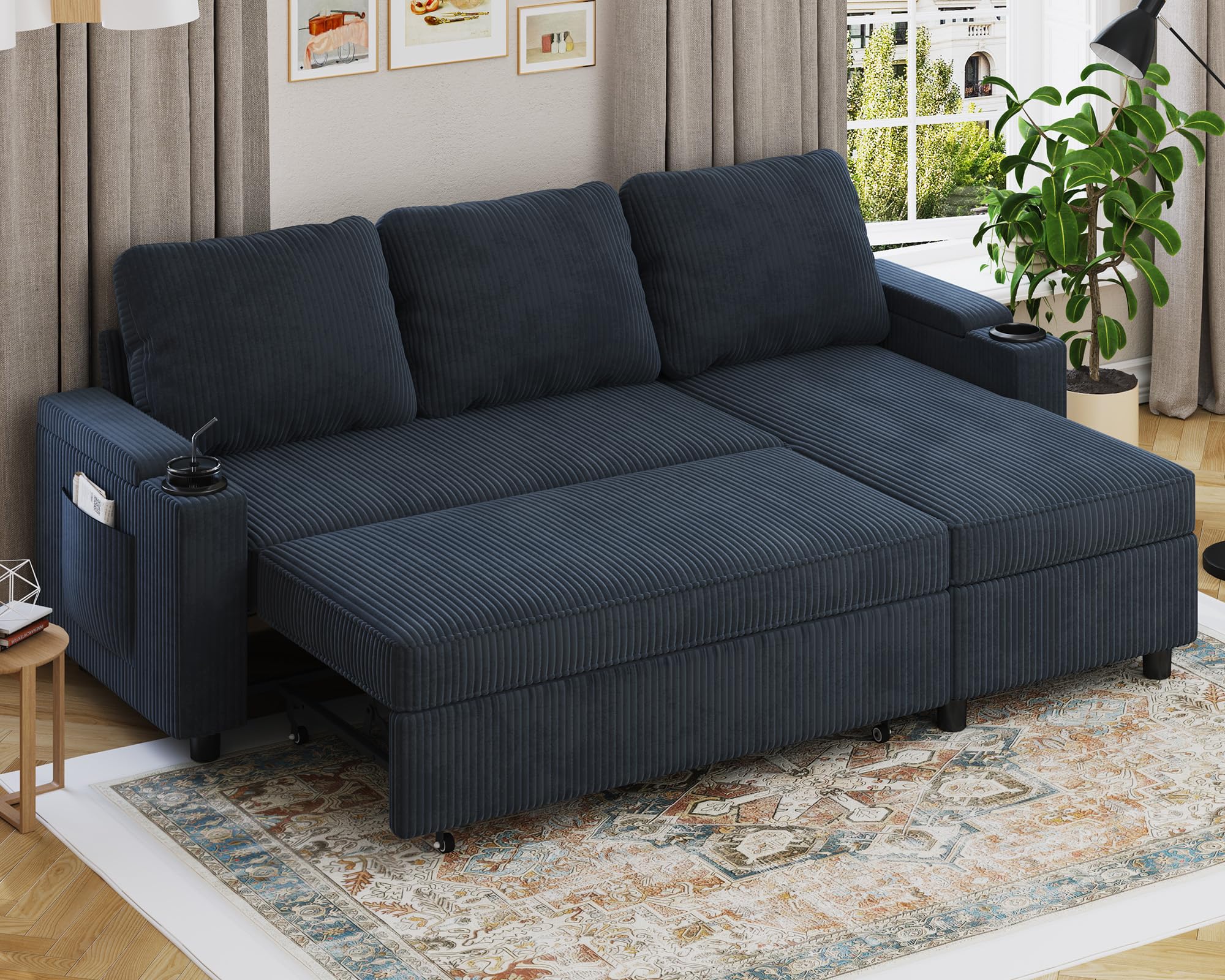 Devoko Ecksofa mit Schlaffunktion und Bettkasten L-Form Sofa 3-Sitzer Ausziehbares Schlafsofa Velours Couch Kleines Schlafcouch für Wohnung und Wohnzimmer, Beige
