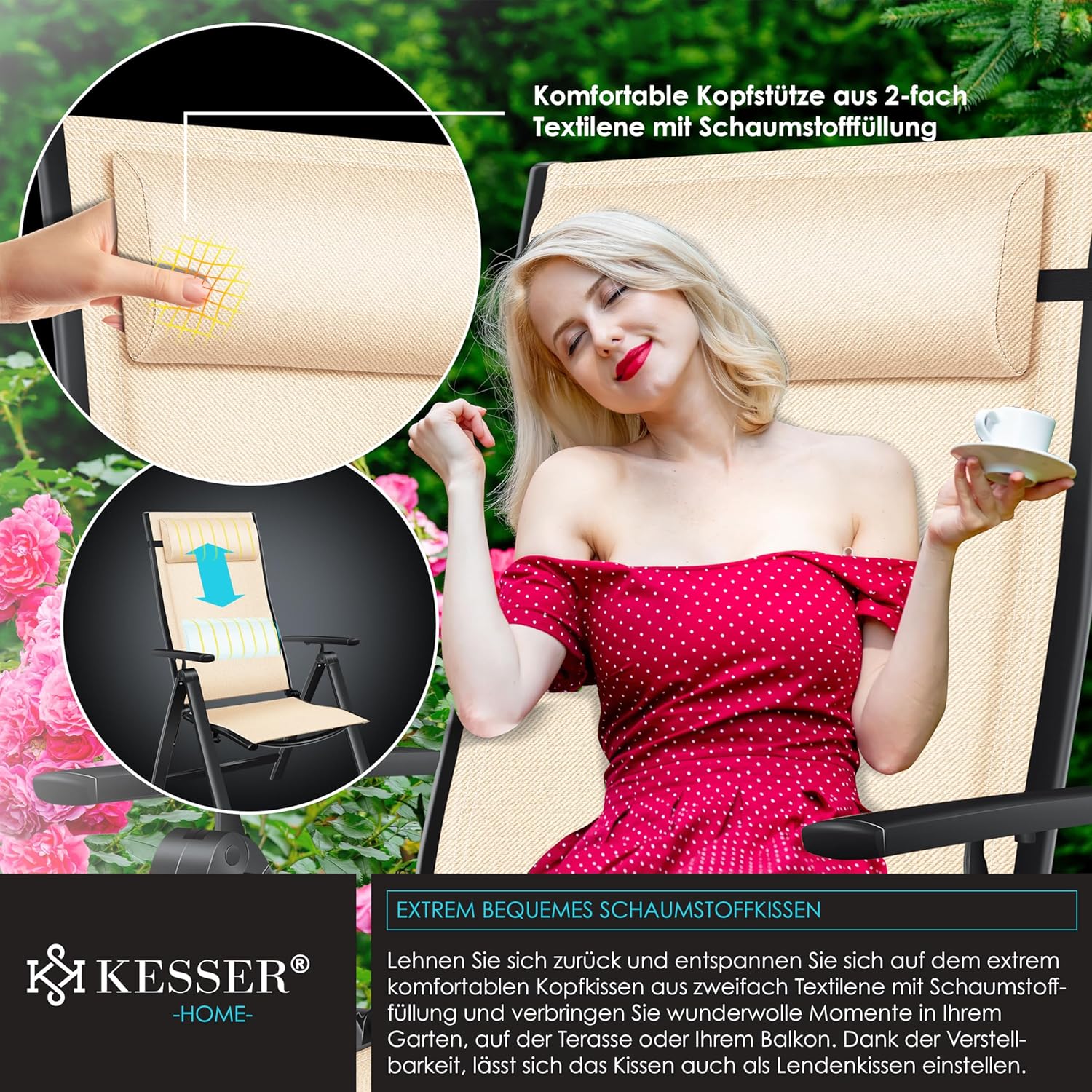 KESSER® Gartenstuhl Hochlehner mit Armlehnen 6er Set Aluminium Klappstuhl mit Kopfkissen & Abdeckung Campingstuhl 7-Fach Verstellbar Rückenlehne Atmungsaktiv Wetterfest Klappbar Anti-Rutsch, Beige