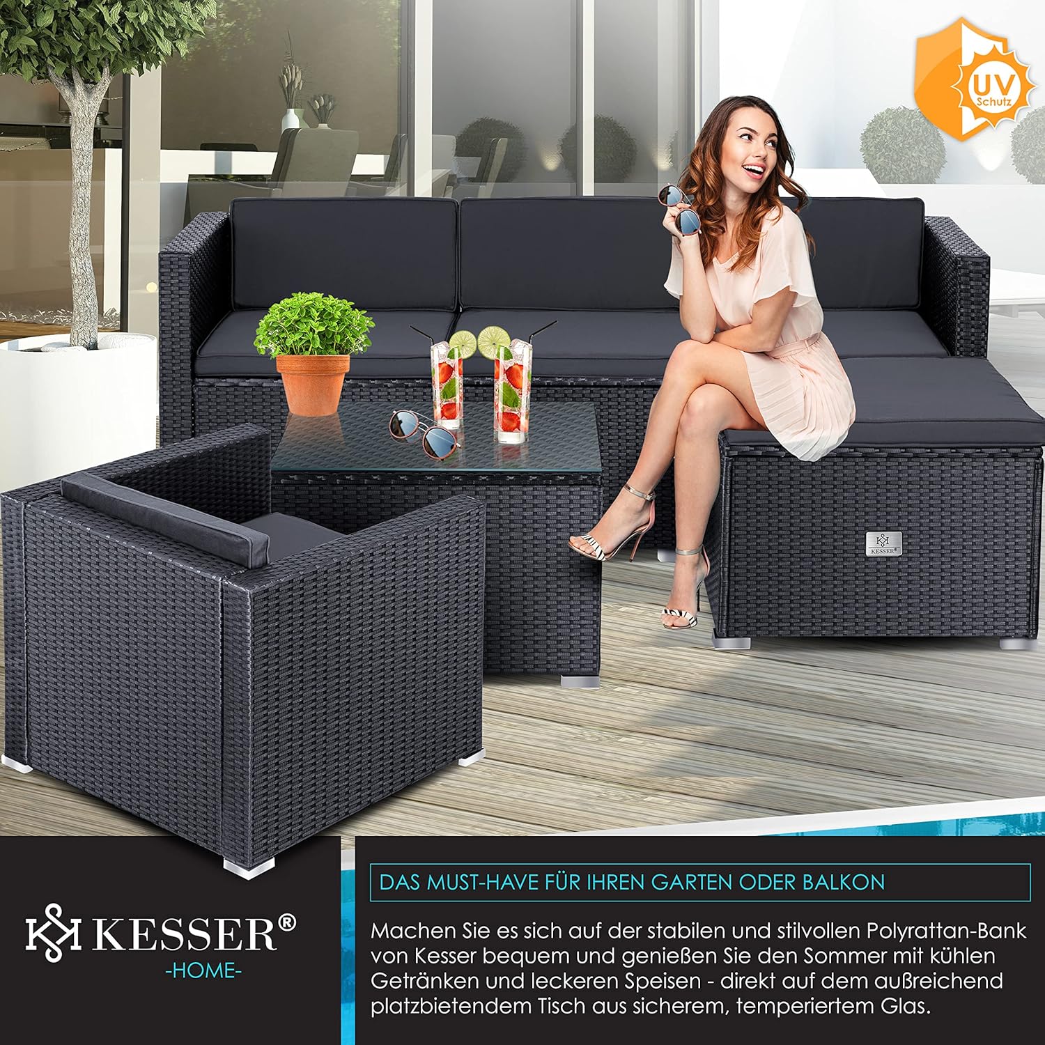 KESSER® Polyrattan Lounge Aruba - Gartenlounge für 4-5 Personen Gartenmöbel-Set Sitzgruppe aus 3er Gartensofa, Sessel, Hocker Beistelltisch mit Sitzkissen für Garten, Terrasse und Balkon, Anthrazit
