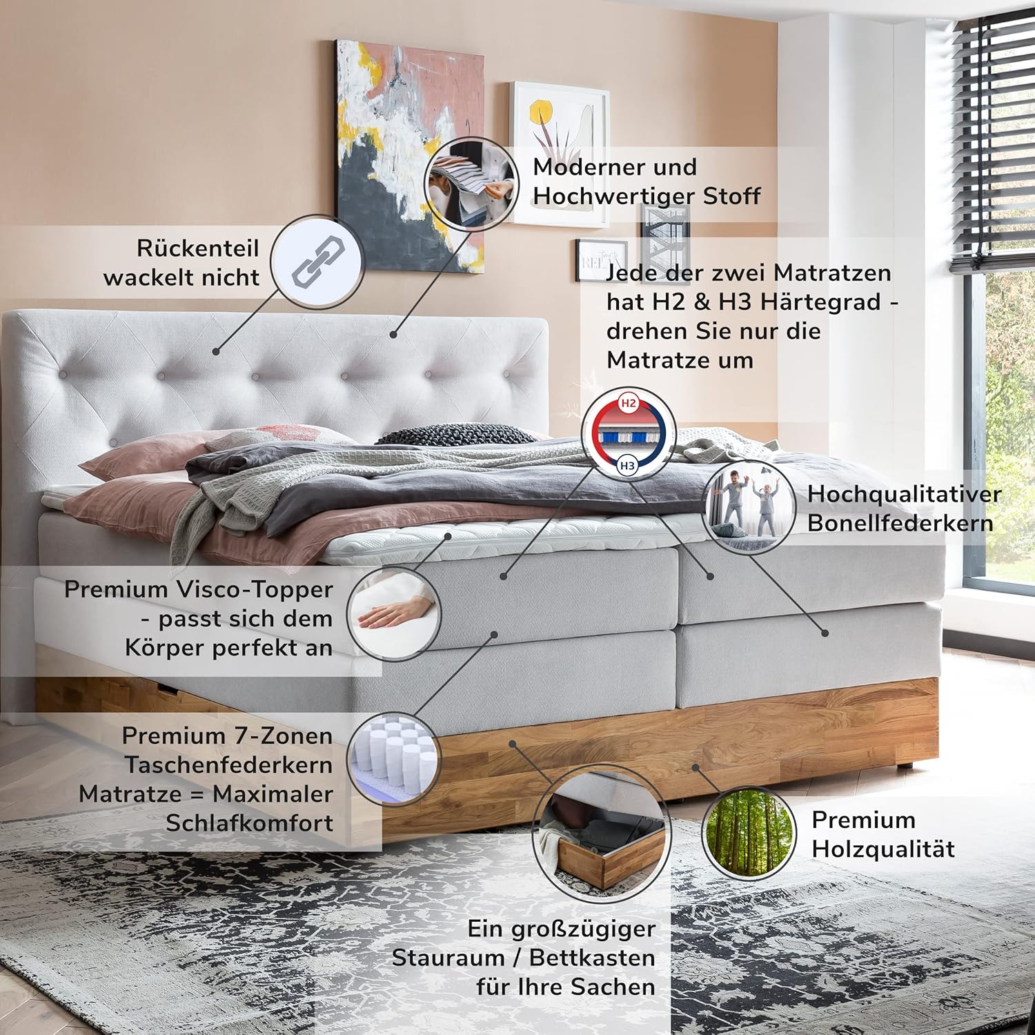 Belanoti MARBO Boxspringbett 180x200 mit Bettkasten 7-Zonen Taschenfederkern Matratze inklusive Visco Topper Bett 180x200 Eiche in der Farbe Weissgrau H2/H3 Polsterbett mit Massivholz Eiche