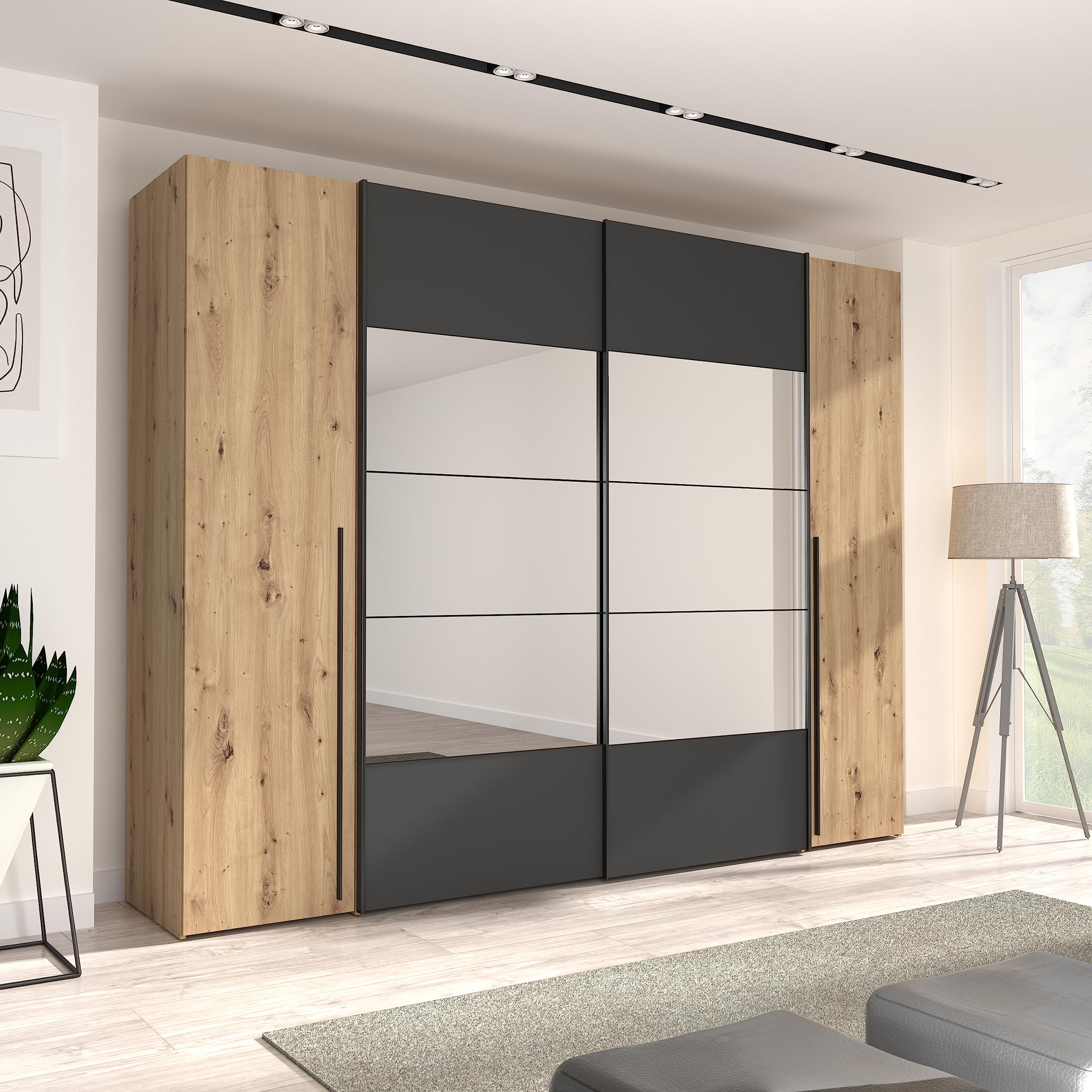 FORTE JABIM Schrank 280, Kleiderschrank mit Passepartout und LED Beleuchtung, Schwebetürenschrank groß Schlafzimmer 4-türig Holzdekor: Alpenfichte/Schwarz, 279 cm breit x 215 cm hoch x 64 cm tief