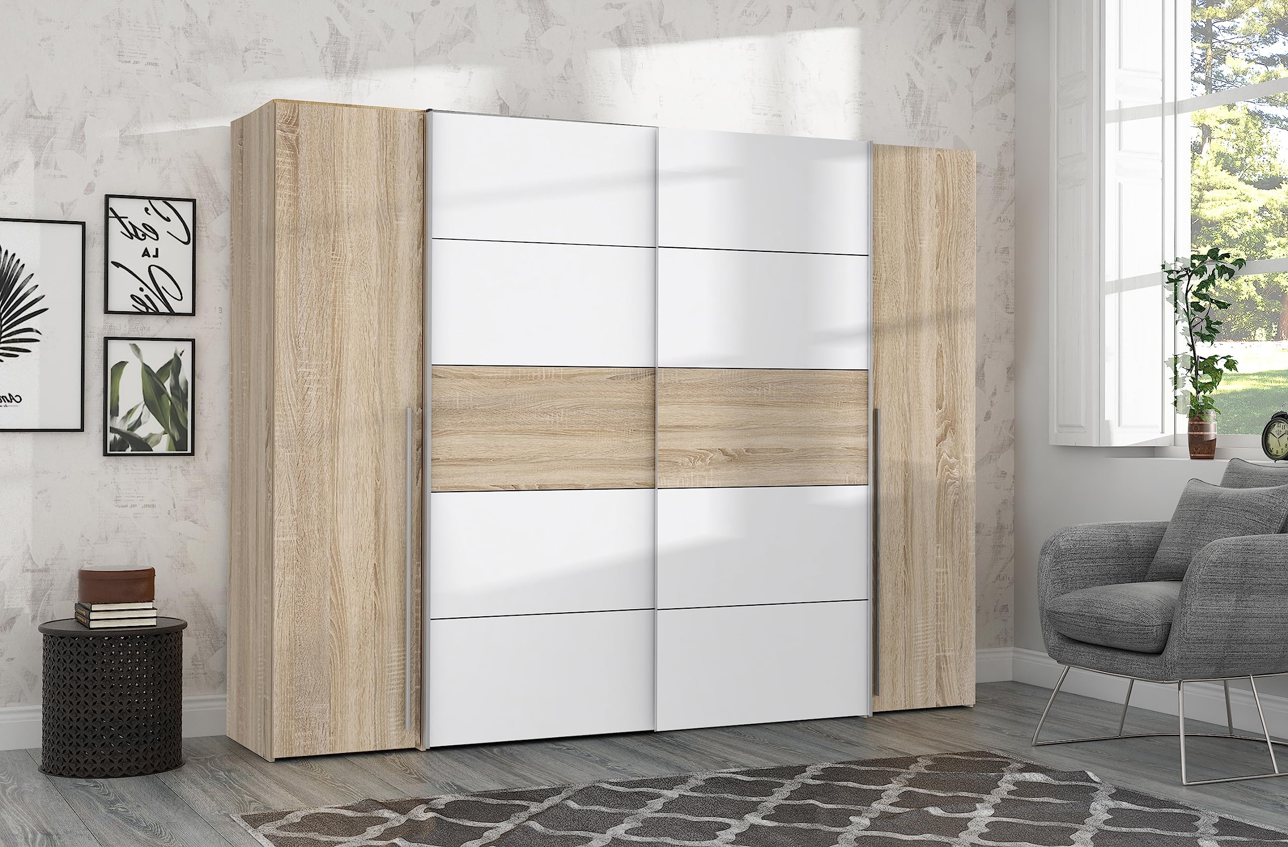 FORTE JABIM Schrank 280, Kleiderschrank mit Passepartout und LED Beleuchtung, Schwebetürenschrank groß Schlafzimmer 4-türig Holzdekor: Alpenfichte/Schwarz, 279 cm breit x 215 cm hoch x 64 cm tief