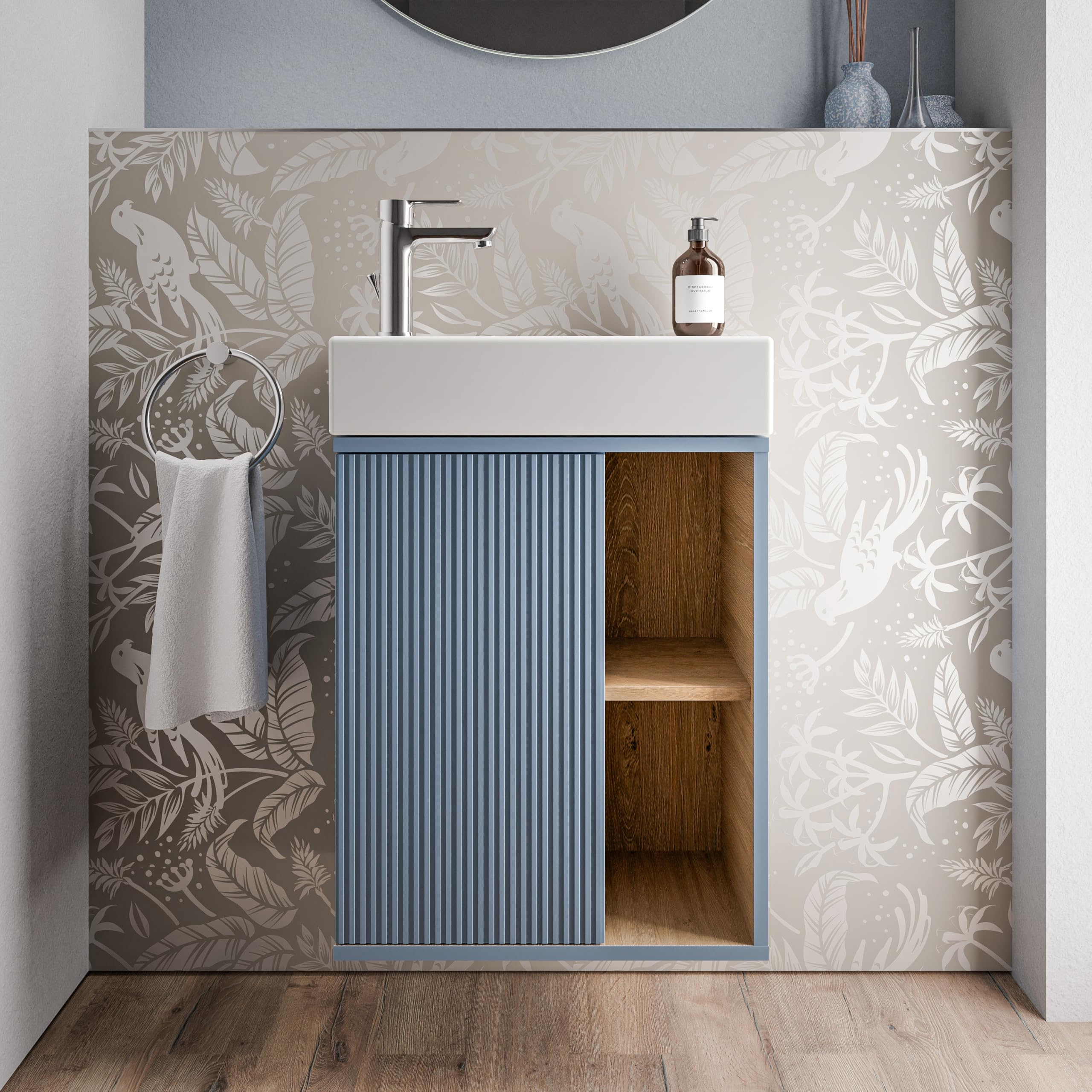 BERNSTEIN Beldivo Small Bathroom Furniture Set Matte Silk Grey 50 x 24.3 x 60 cm Vanity Unit with Duravit Ceramic Basin, Door Hinge Left, Push-to-Open Pre-Assembled