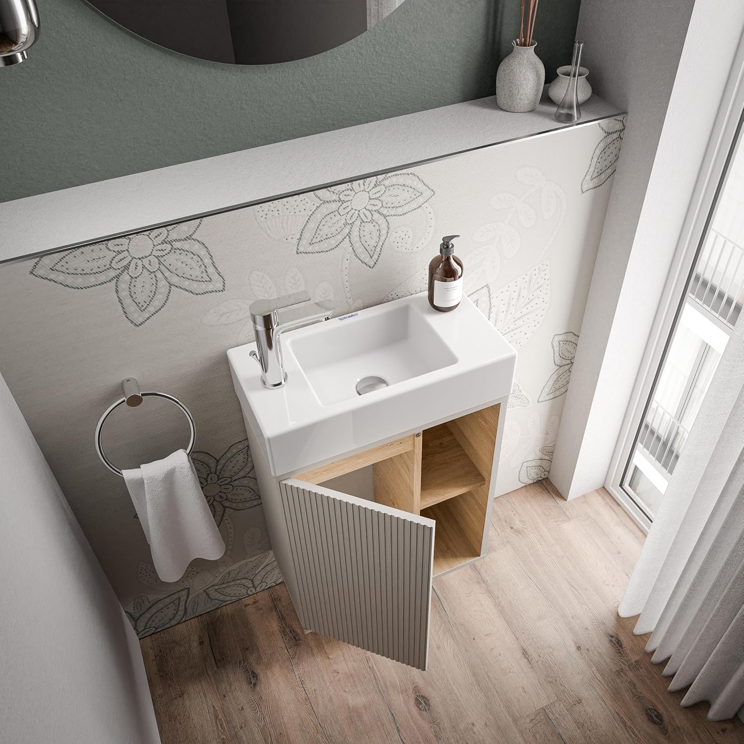 BERNSTEIN Beldivo Small Bathroom Furniture Set Matte Silk Grey 50 x 24.3 x 60 cm Vanity Unit with Duravit Ceramic Basin, Door Hinge Left, Push-to-Open Pre-Assembled