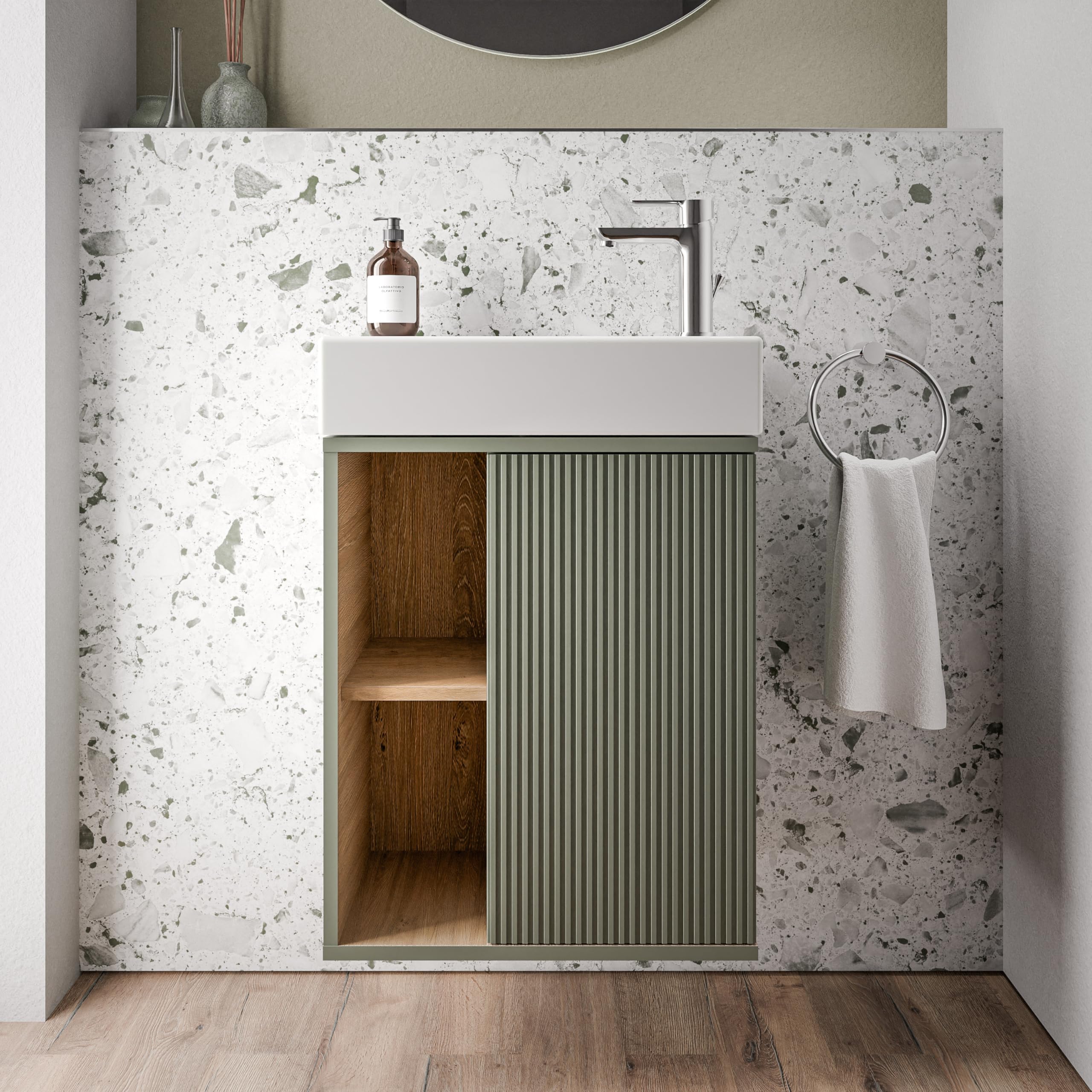 BERNSTEIN Beldivo Small Bathroom Furniture Set Matte Silk Grey 50 x 24.3 x 60 cm Vanity Unit with Duravit Ceramic Basin, Door Hinge Left, Push-to-Open Pre-Assembled