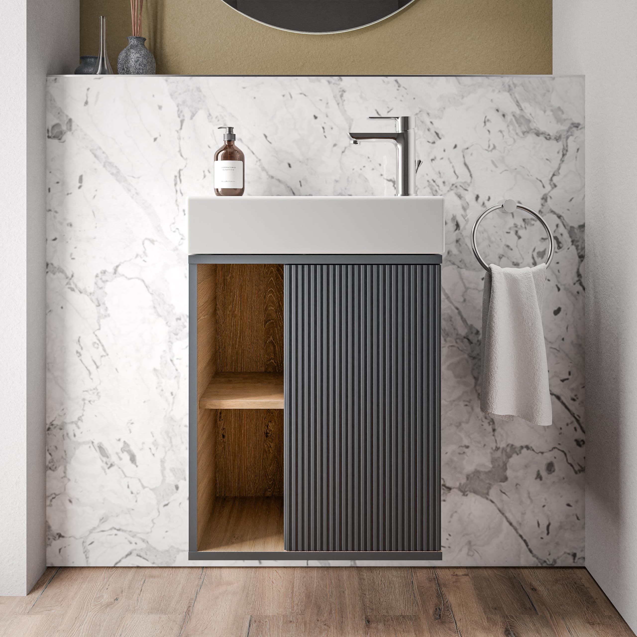 BERNSTEIN Beldivo Small Bathroom Furniture Set Matte Silk Grey 50 x 24.3 x 60 cm Vanity Unit with Duravit Ceramic Basin, Door Hinge Left, Push-to-Open Pre-Assembled