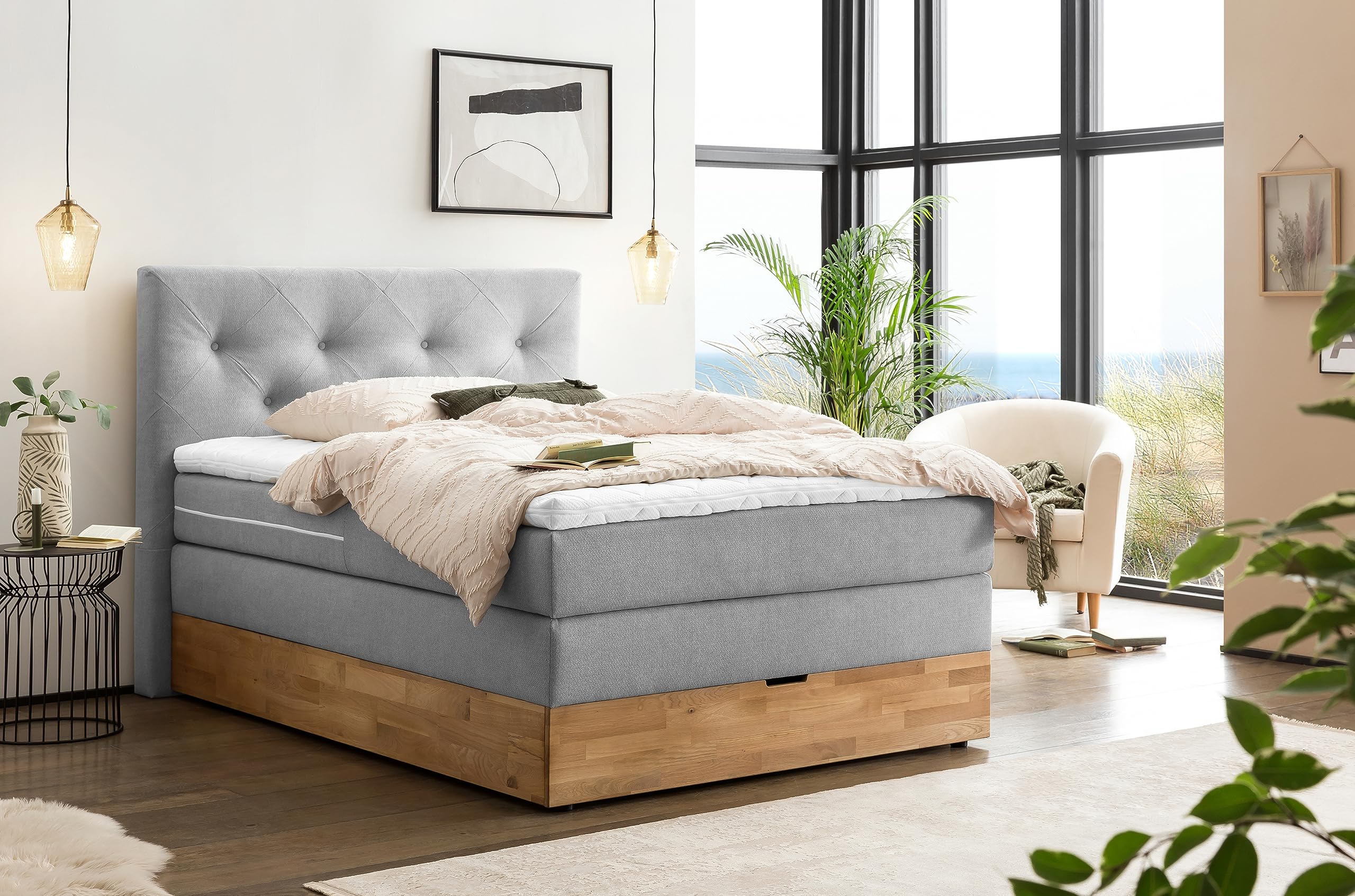 Belanoti MARBO Boxspringbett 180x200 mit Bettkasten 7-Zonen Taschenfederkern Matratze inklusive Visco Topper Bett 180x200 Eiche in der Farbe Weissgrau H2/H3 Polsterbett mit Massivholz Eiche