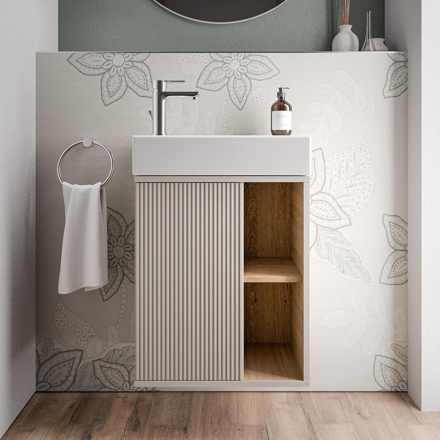 BERNSTEIN Beldivo Small Bathroom Furniture Set Matte Silk Grey 50 x 24.3 x 60 cm Vanity Unit with Duravit Ceramic Basin, Door Hinge Left, Push-to-Open Pre-Assembled