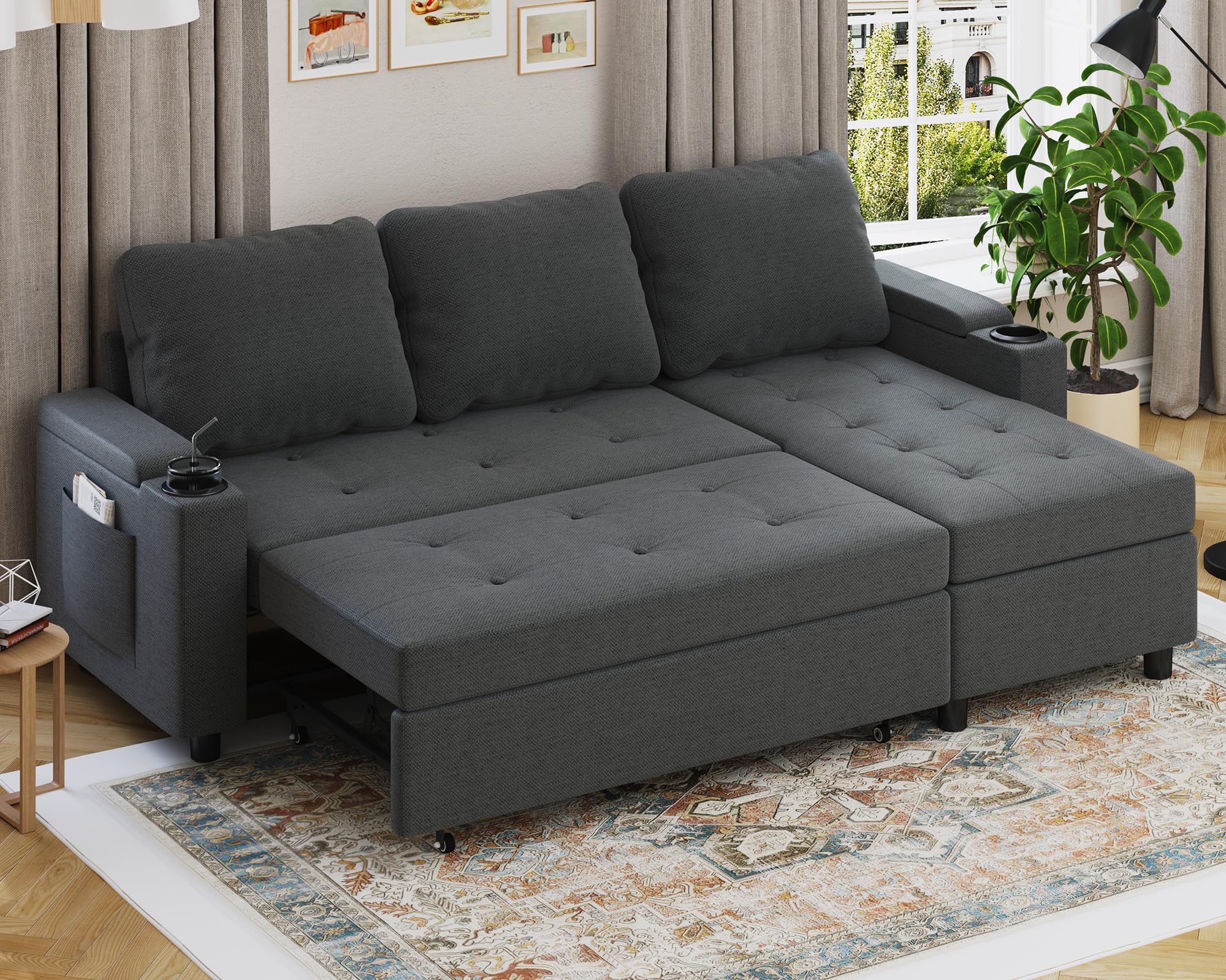Devoko Ecksofa mit Schlaffunktion und Bettkasten L-Form Sofa 3-Sitzer Ausziehbares Schlafsofa Velours Couch Kleines Schlafcouch für Wohnung und Wohnzimmer, Beige