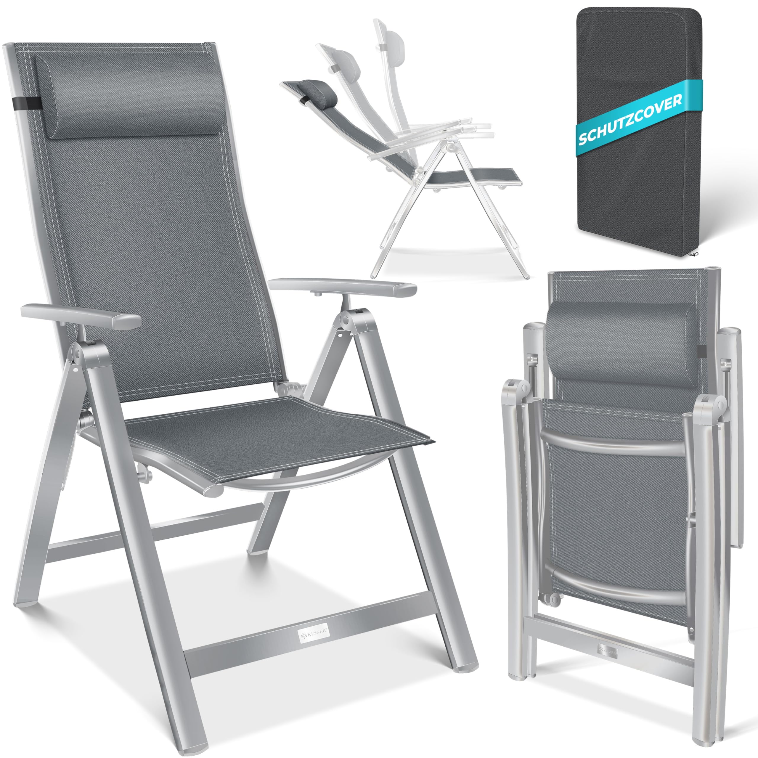 KESSER® Gartenstuhl Hochlehner mit Armlehnen 6er Set Aluminium Klappstuhl mit Kopfkissen & Abdeckung Campingstuhl 7-Fach Verstellbar Rückenlehne Atmungsaktiv Wetterfest Klappbar Anti-Rutsch, Beige