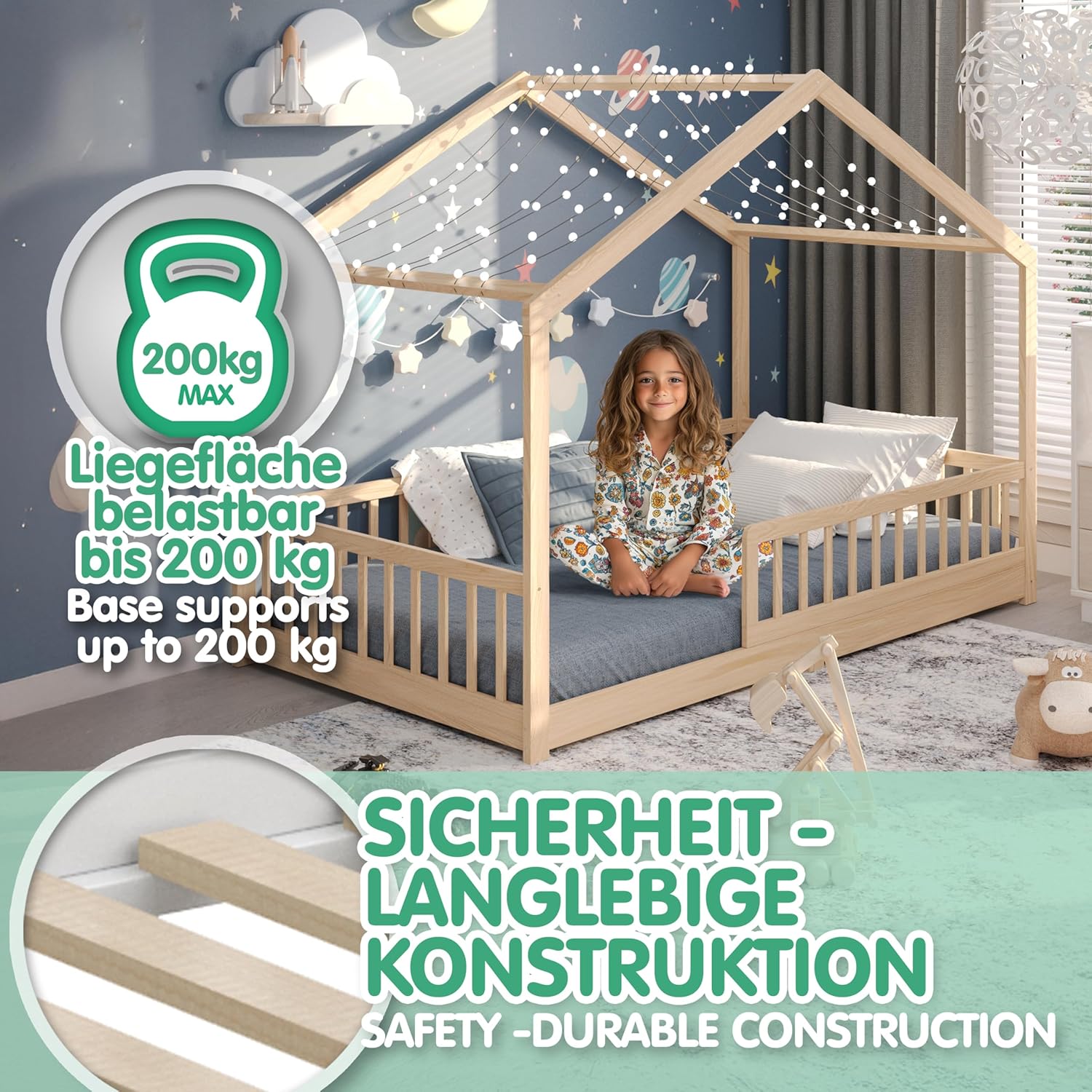 CADANI Malte Kinderbett 120x200 cm – Hausbett mit abnehmbarem Rausfallschutz, bis 200 kg belastbar, Roll-Lattenrost, Montessori Bodenbett aus Massivholz Kiefer, Natur