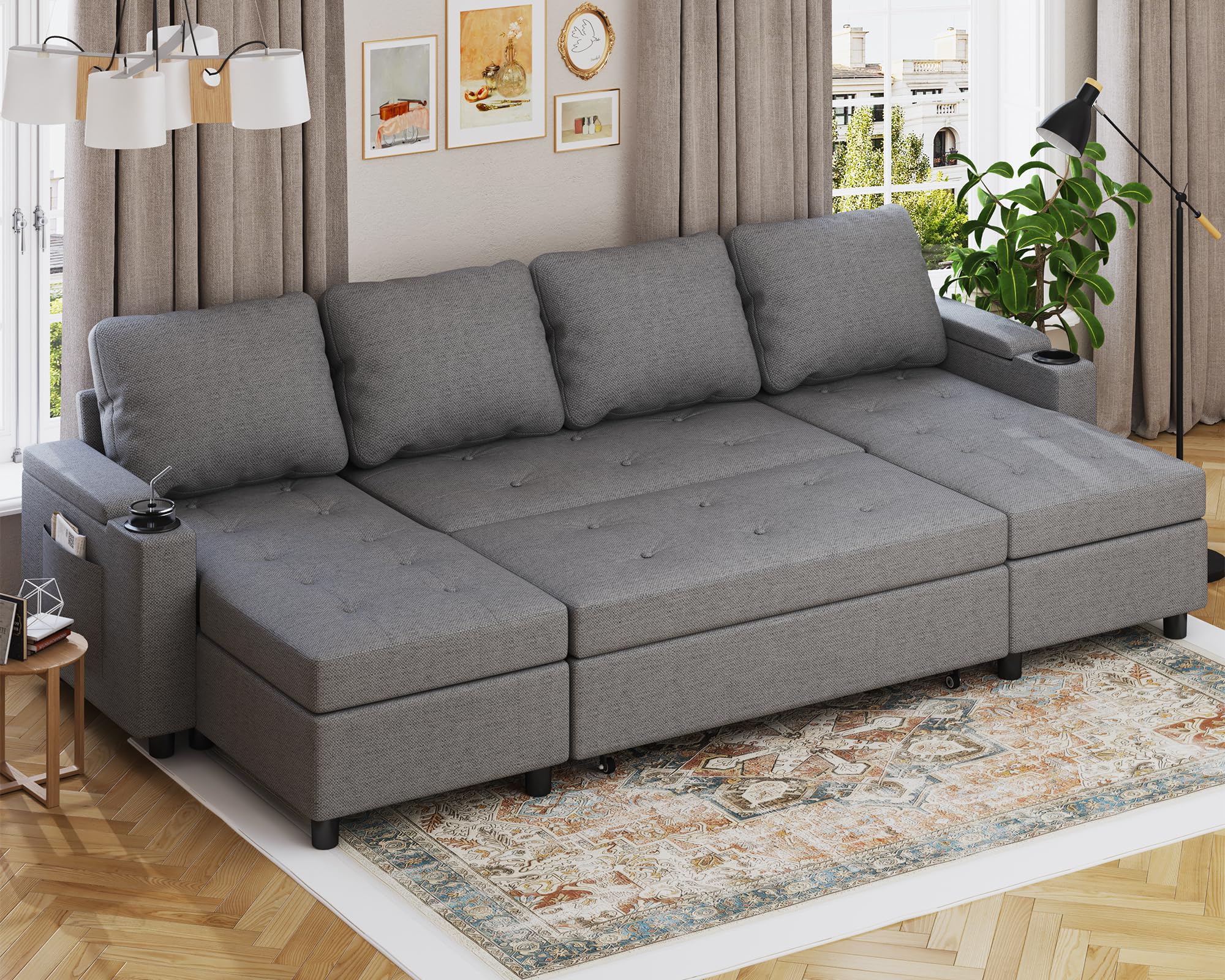 Devoko Ecksofa mit Schlaffunktion und Bettkasten L-Form Sofa 3-Sitzer Ausziehbares Schlafsofa Velours Couch Kleines Schlafcouch für Wohnung und Wohnzimmer, Beige